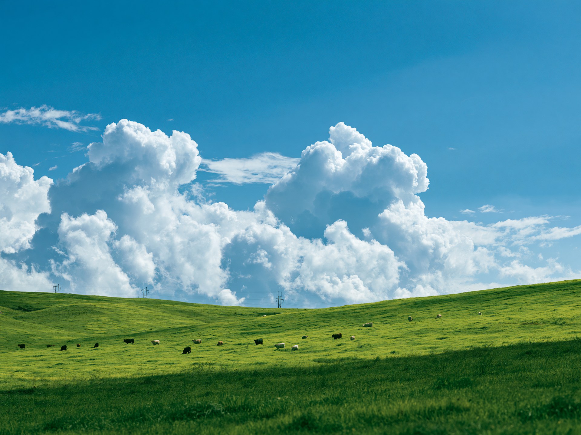 Green pasture under two towering summer clouds, cattle grazing in the distance